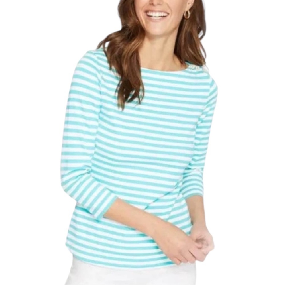 J. McLaughlin Wavesong Aqua Striped Print 3/4 Sleeve Button Shoulder Top - XL